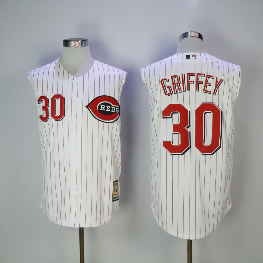Men MLB Cincinnati Reds #30 Griffey white red strips jerseys->->MLB Jersey